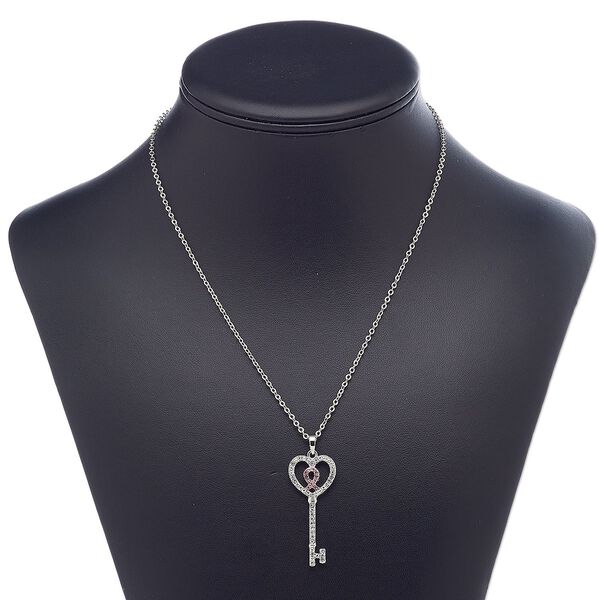 Necklace, glass rhinestone / imitation rhodium-plated brass / steel / "pewter" (zinc-based alloy), clear and pink, 43x18mm key with awareness ribbon, 18 inches with 3-inch extender chain and lobster claw clasp. Sold individually. image number 0