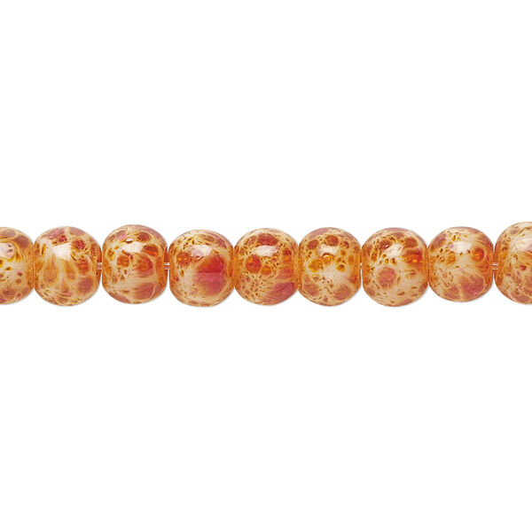Bead, glass, opaque orange and red, 5-6mm round with random spotted pattern. Sold per 15-1/2" to 16" strand. image number 0