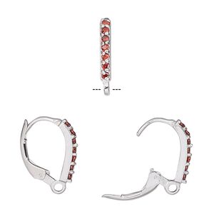 Ear wire leverback 1pkg2 sterling silver / cubic zirconia, 16mm / closed loop, red 1 pair