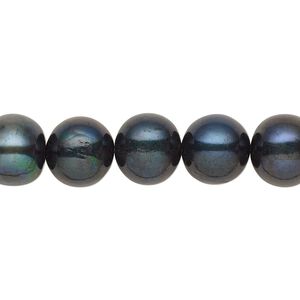 Pearl, cultured freshwater (dyed), iris blue, 8-10mm semi-round with 0.4mm hole, C grade, Mohs hardness 2-1/2 to 4. Sold per 15-inch strand.