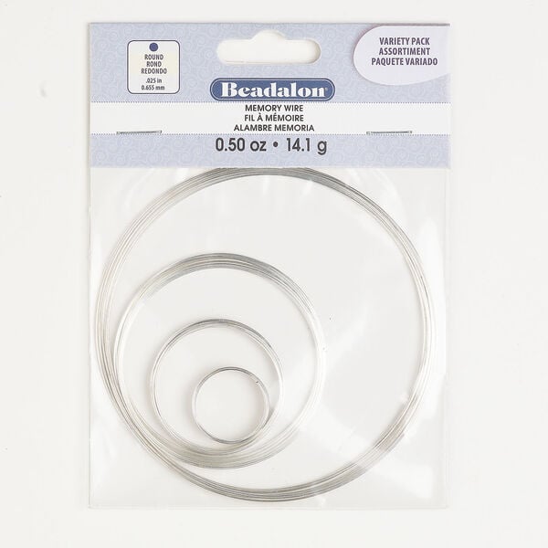 Memory wire assortment 1pkg1, silver-finished steel, 3/4 to 3-1/2 inch coils, 0.655mm thick, 0.5 ounces. image number 0