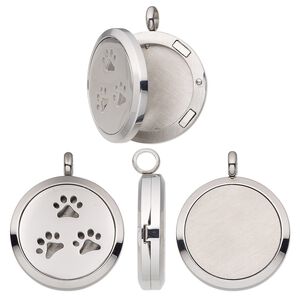 Pendant, stainless steel, 37x30mm single-sided hinged round locket with cutout paw prints and magnetic closure. Sold individually.