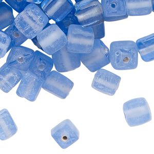 Bead, lampworked glass, translucent blue, 8x7mm cube. Sold per 4-ounce pkg, approximately 190 beads.