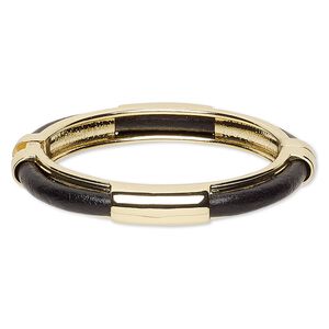 Bracelet, hinged bangle, leather (dyed) with gold-finished steel and "pewter" (zinc-based alloy), black, 10mm wide with smooth round, 7-1/2 inches. Sold individually.