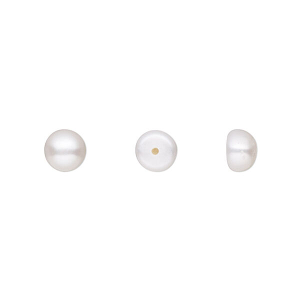 Pearl, White Lotus™, cultured freshwater (bleached), white, 6-6.5mm half-drilled button, B grade, Mohs hardness 2-1/2 to 4. Sold per pair. image number 0