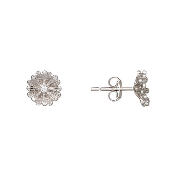 Earstud, Create Compliments®, rhodium-plated sterling silver and cubic zirconia, clear, 9mm flower. Sold per pair. image number 0