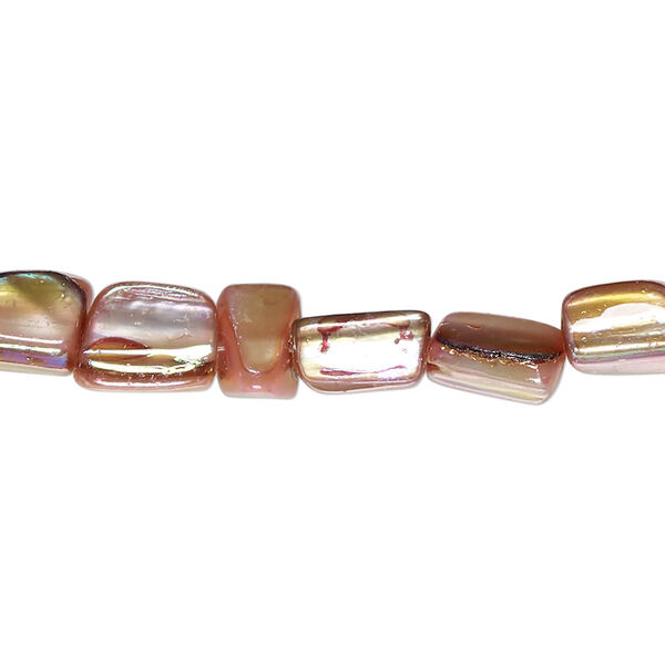 Bead, mother-of-pearl shell (dyed), flamingo pink AB, 7x6mm-9x8mm triangular rube with 0.4-0.6mm hole, Mohs hardness 3-1/2. Sold per 15-1/2" to 16" strand. image number 0