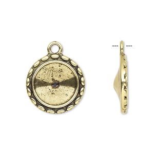 Drop, Almost Instant Jewelry®, antique gold-finished "pewter" (zinc-based alloy), 17mm round with scalloped design and 12mm rivoli setting. Sold per pkg of 6.