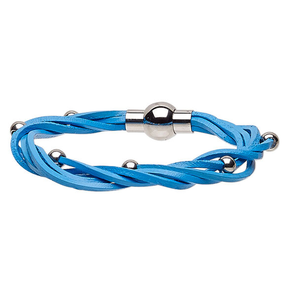 Bracelet, 5-strand, leather (dyed) and stainless steel, blue, 8mm wide twisted with 5mm round, 6-1/2 inches with magnetic clasp. Sold individually. image number 0