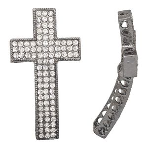 Focal, gunmetal-finished "pewter" (zinc-based alloy) and glass, clear, 48x26mm curved cross with (11) cutout hearts. Sold individually.
