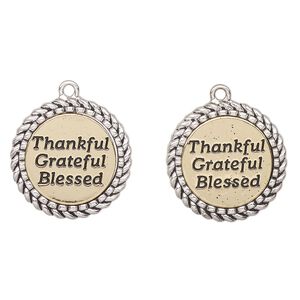 Charm, antique gold-finished "pewter" (zinc-based alloy), black, 24mm braided edge flat round with "Thankful grateful blessed". Sold per pkg of 2.