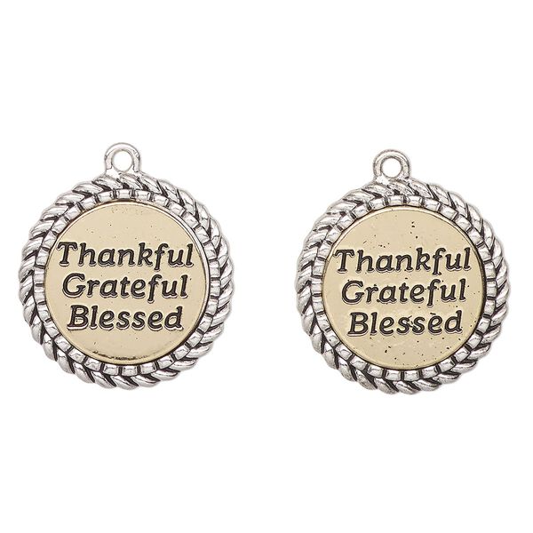 Charm, antique gold-finished "pewter" (zinc-based alloy), black, 24mm braided edge flat round with "Thankful grateful blessed". Sold per pkg of 2. image number 0