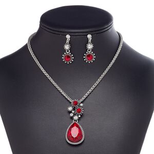 Necklace and earring set, Everyday Jewelry, glass / glass rhinestone / stainless steel / antique silver-plated brass / steel / "pewter" (zinc-based alloy), red and clear, 54x23mm teardrop, 16 inches with 2-inch extender chain and lobster claw clasp, 34mm earrings with post. Sold per set.