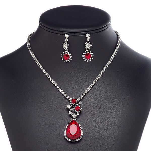 Necklace and earring set, Everyday Jewelry, glass / glass rhinestone / stainless steel / antique silver-plated brass / steel / "pewter" (zinc-based alloy), red and clear, 54x23mm teardrop, 16 inches with 2-inch extender chain and lobster claw clasp, 34mm earrings with post. Sold per set. image number 0