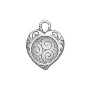 Drop, JBB Findings, antique silver-plated pewter (tin-based alloy), 20x19mm single-sided heart frame with swirl design and 13mm round setting. Sold individually.