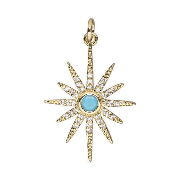 Charm, cubic zirconia and gold-finished brass, turquoise blue and clear, 24x19mm single-sided star with 5mm open jump ring. Sold individually. image number 0