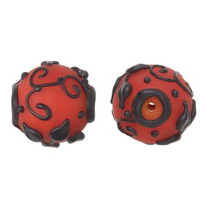 Bead, lampworked glass, opaque matte red and black with leaf and swirl design, 18mm round. Sold individually.