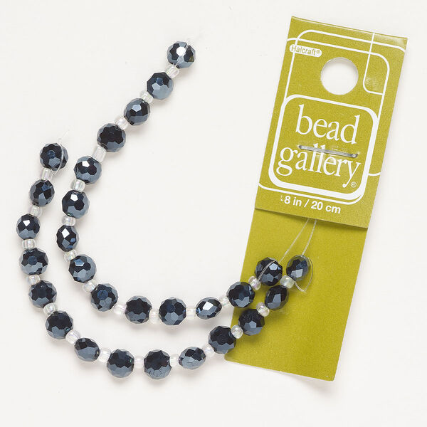 Bead, glass, pkg/8 inches, 6mm faceted puffed flat round, opaque metallic blue. image number 0