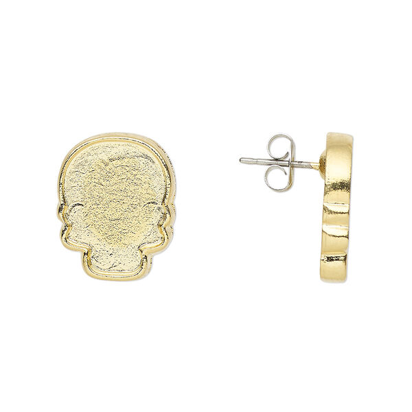 Earstud, Almost Instant Jewelry®, gold-plated "pewter" (zinc-based alloy), 16x13mm skull with 14x10.5mm flat back skull glue-in setting. Sold per pair. image number 0