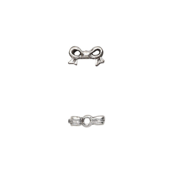 Bead, pewter (tin-based alloy), pkg/1, antique silver plate, 9x5mm double-sided bow, fits 4mm cube. image number 0