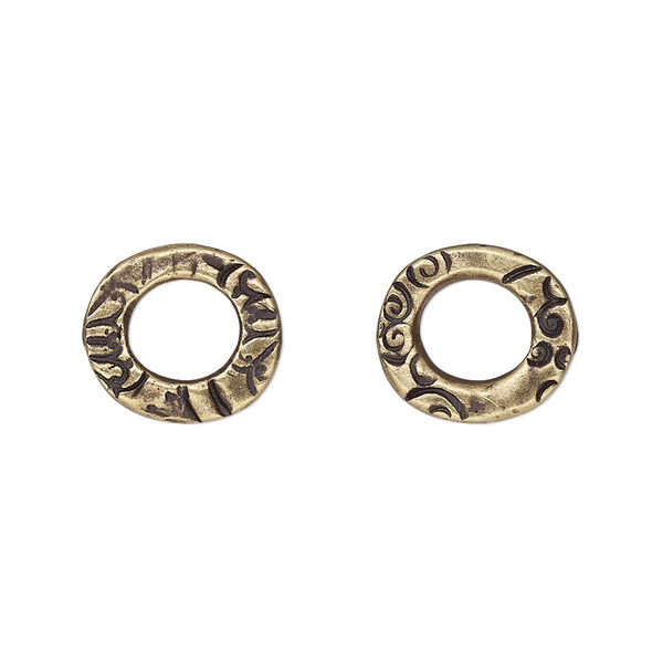 Component, TierraCast®, "Vida Mas Dulce" collection, antique brass-plated pewter (tin-based alloy), 13x12mm uneven open round with flora design and 7mm hole. Sold per pkg of 4. image number 0
