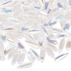 Bead, Czech pressed glass, crystal AB, 10x3mm top-drilled twisted teardrop. Sold per pkg of 300.