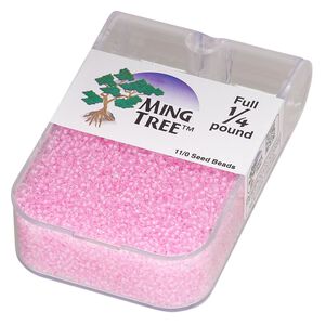 Seed bead, Ming Tree™, glass, pkg/1/4 pound, #11 round, transparent color-lined pink.