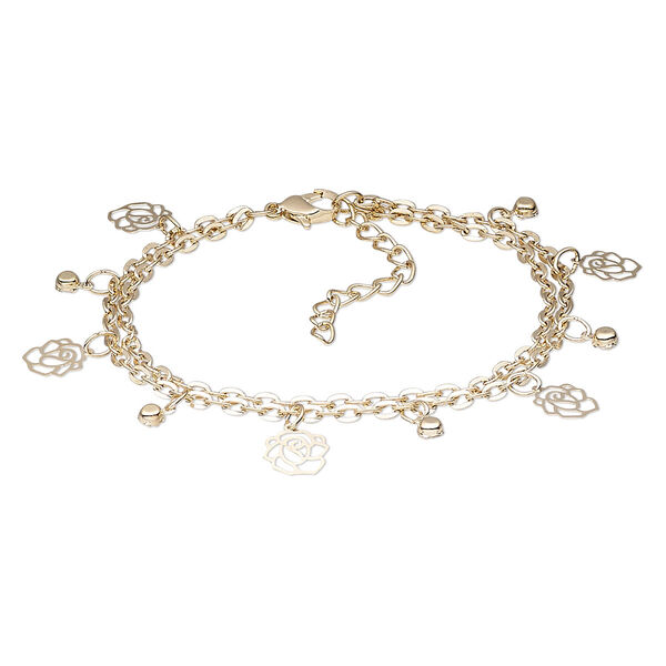 Bracelet, 2-strand, Egyptian glass rhinestone and gold-finished steel, clear, 15mm wide with 10x9mm rose, 7 inches with 2-inch extender chain and lobster claw clasp. Sold individually. image number 0