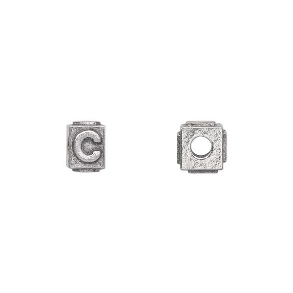 Bead, antiqued pewter (tin-based alloy), 8x6mm rectangle with alphabet letter "C". Sold per pkg of 4. image number 0