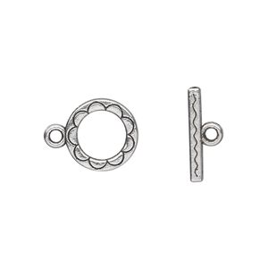 Clasp toggle 1pkg20 silver-plated "pewter" (zinc alloy), 12mm double-sided round, antique 1-strand