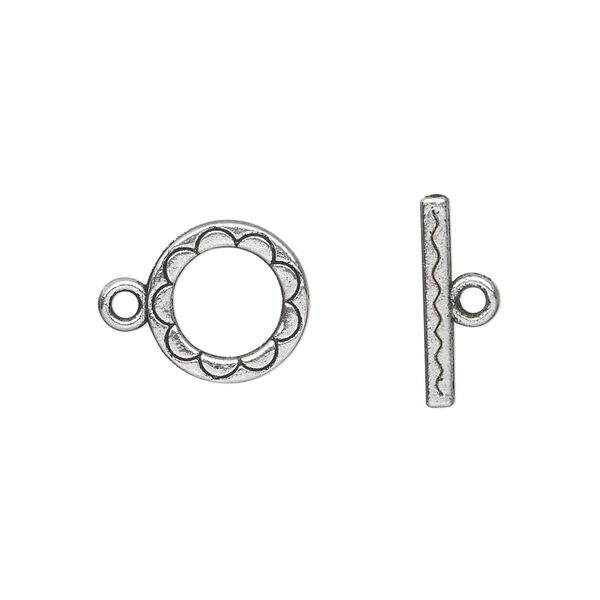 Clasp toggle 1pkg20 silver-plated "pewter" (zinc alloy), 12mm double-sided round, antique 1-strand image number 0