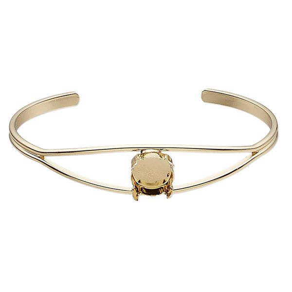 Bracelet, cuff, gold-finished brass, 12mm wide with SS47 4-prong rivoli setting, 7 inches. Sold individually. image number 0