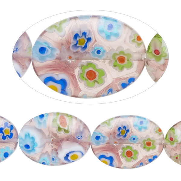 Bead, millefiori glass, translucent light plum multicolored, 18x13mm puffed oval. Sold per 15-inch strand, approximately 20 beads. image number 0