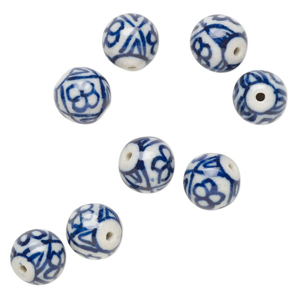 Bead, porcelain, blue and white, 11-12mm round with flower tile design. Sold per pkg of 8. image number 0