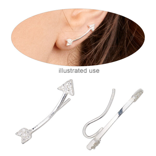 Earring, Create Compliments®, sterling silver and cubic zirconia, clear, 25mm curved arrow ear climber with fishhook ear wire, 19 gauge. Sold per pair. image number 0