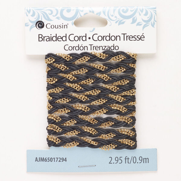 Cord, steel and waxed cotton, pkg/0.9m, gold finish and black, 5.3mm braided flat. image number 0