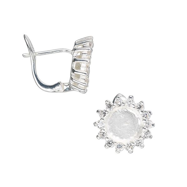 Earstud, sterling silver and cubic zirconia, clear, 13mm flower with 7mm round flat back setting and hinged closure. Sold per pair. image number 0
