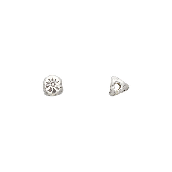Bead, Hill Tribes, antiqued sterling silver, 6x5mm triangle rondelle with stamped sun design. Sold per pkg of 2. image number 0