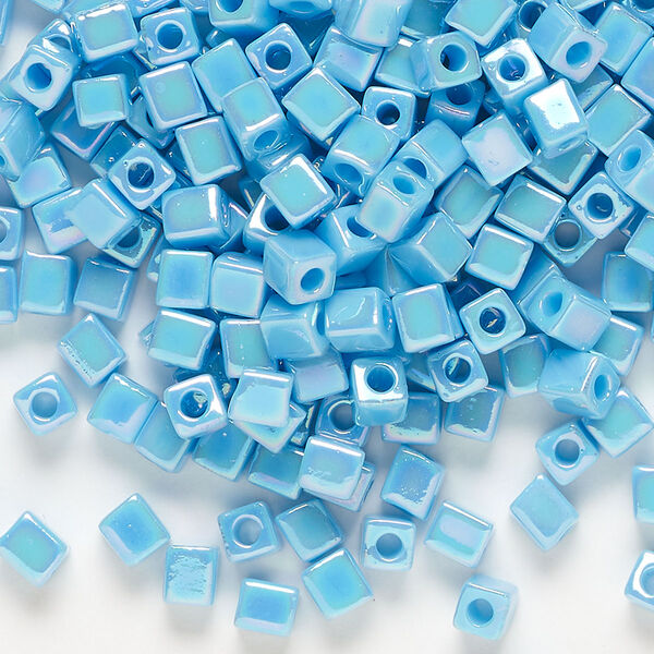 Seed bead, Miyuki, glass, pkg/25g, 3.5-3.7mm square, opaque rainbow light blue (SB-413R). image number 0