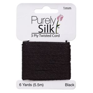 Cord, Purely Silk™, 3-ply, black, 1mm twisted. Sold per 6-yard card.