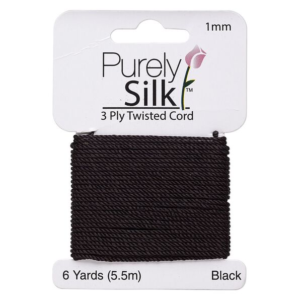 Cord, Purely Silk™, 3-ply, black, 1mm twisted. Sold per 6-yard card. image number 0