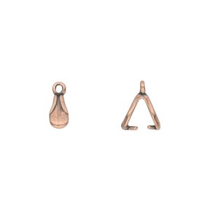 Bail, JBB Findings, ice-pick, antique copper-plated pewter (tin-based alloy), 8x4mm double-sided teardrop with fancy design and 6mm grip length. Sold per pkg of 4.