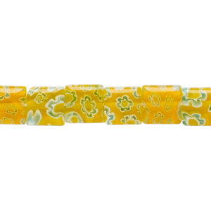 Bead, millefiori glass, translucent orange / blue / white, 7mm-9x8mm puffed square with flower design. Sold per 14-inch strand.