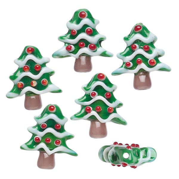 Bead, lampworked glass, opaque multicolored, 20x18mm-23x20mm Christmas tree. Sold per pkg of 6. image number 0