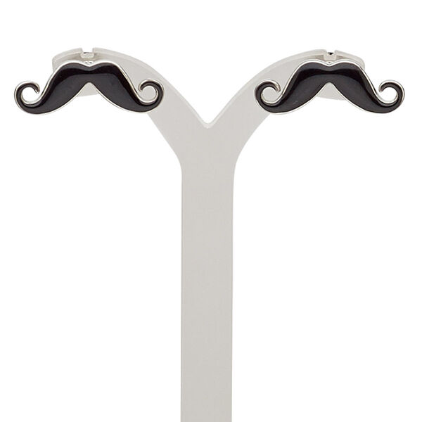Earring, enamel and silver-plated "pewter" (zinc-based alloy), black, 22x7mm mustache with post. Sold per pair. image number 0