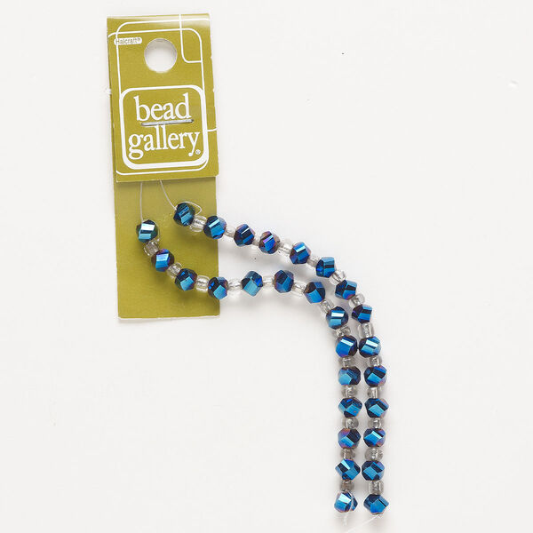 Bead, glass, opaque metallic blue, 6x5mm twisted faceted rondelle. Sold per pkg of 28. image number 0