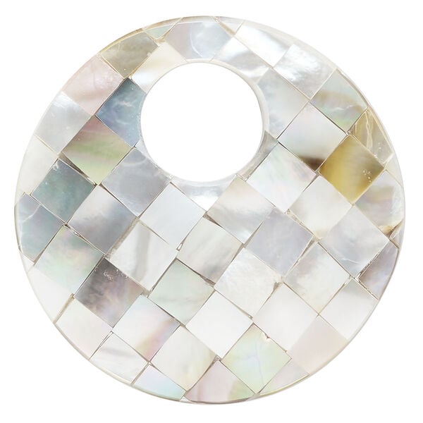 Focal, black lip shell / mother-of-pearl shell / resin (assembled) 1pkg1, 49-50mm undrilled 1sided curved go-go with checkerboard pattern. image number 0