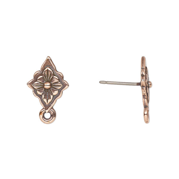 Earstud, TierraCast®, antique copper-plated pewter, 14x10mm scalloped diamond with reina flower design, 21 gauge. Sold per pair. image number 0