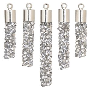 Focal, glass / resin / imitation rhodium-finished brass, silver, 22.5x6mm-37x6mm graduated fan stick. Sold per 5-piece set.