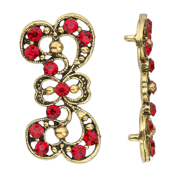 Spacer, antiqued gold-finished "pewter" (zinc-based alloy) and Czech glass rhinestone, light Siam, 37x17mm 2-strand fancy bow. Sold per pkg of 4. image number 0